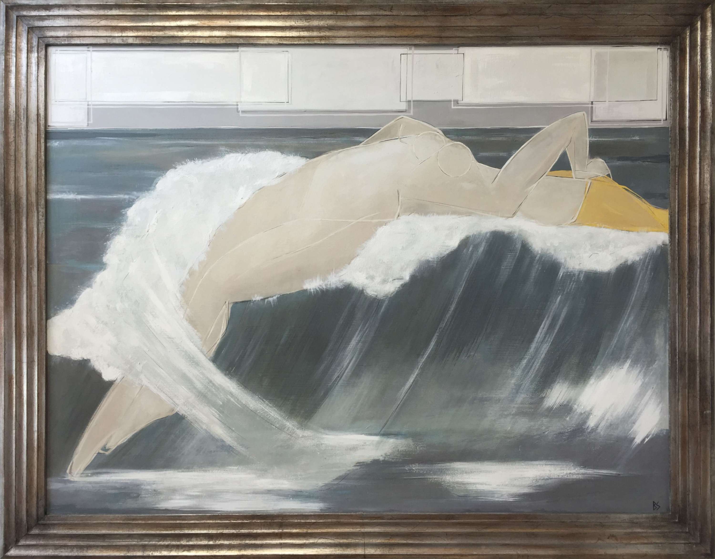 'The Siren' Oil & Acrylic on Board in Deco Style Antiqued Silver Leaf Frame