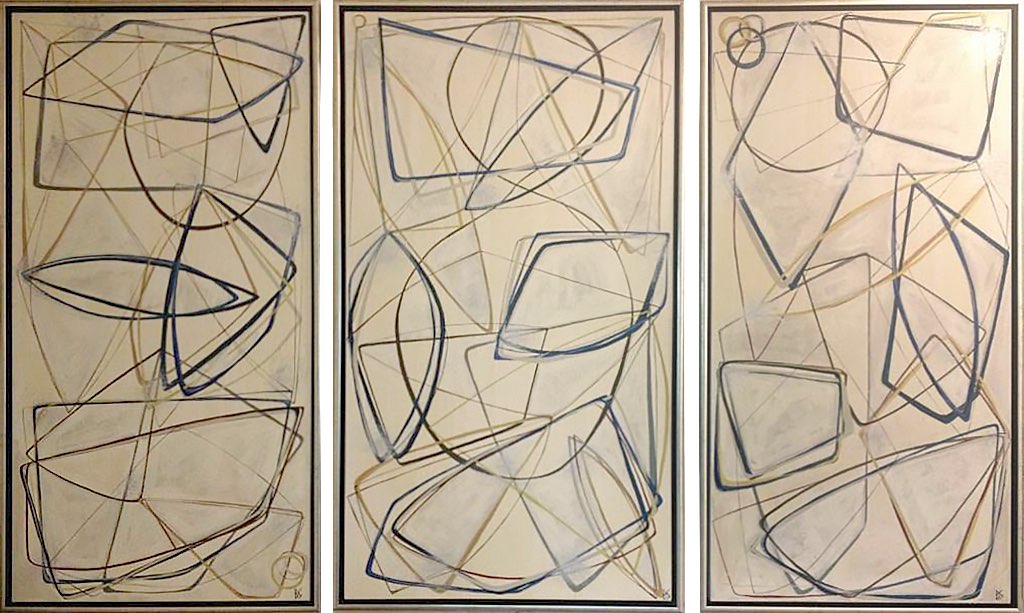 TRIPTYCH 'Blue Theory' Oil & Acrylic on Canvas in Antique Silver Finish Tray Frames
