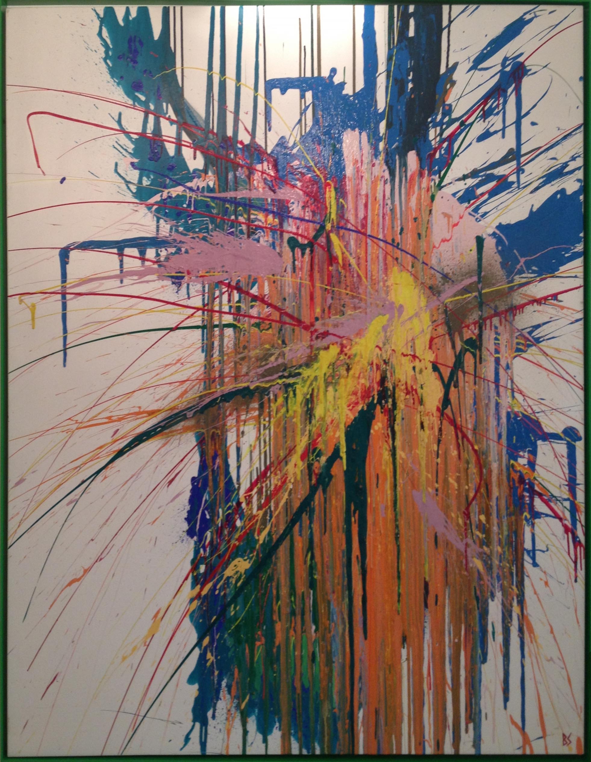 'Fireworks' Oil & Acrylic on Canvas in Green Perspex Tray Frame