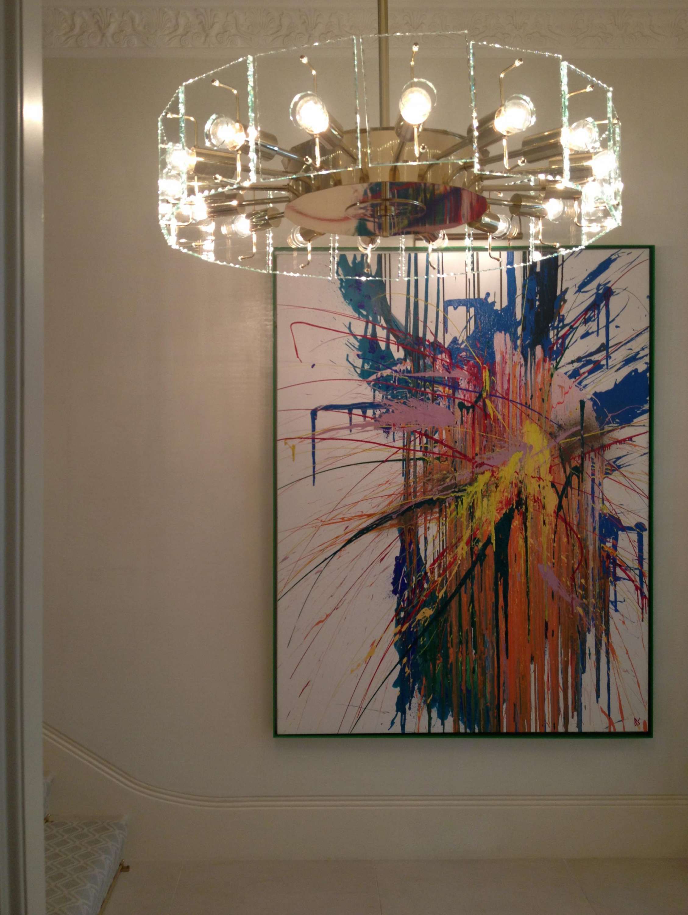 'Fireworks' Oil & Acrylic on Canvas in Green Perspex Tray Frame