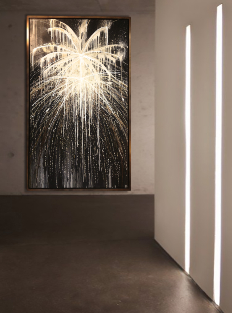 'The Spring's Fireworks' Oil & Acrylic on Canvas in Bronze Finish Tray Frame