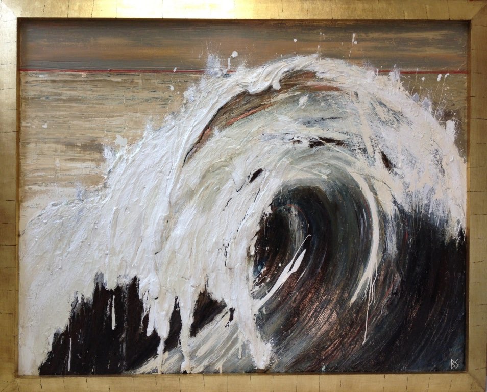 'Bondi' Oil, Acrylic & Gesso in 1970s Gold Leaf Tray Frame with Sloping Edges