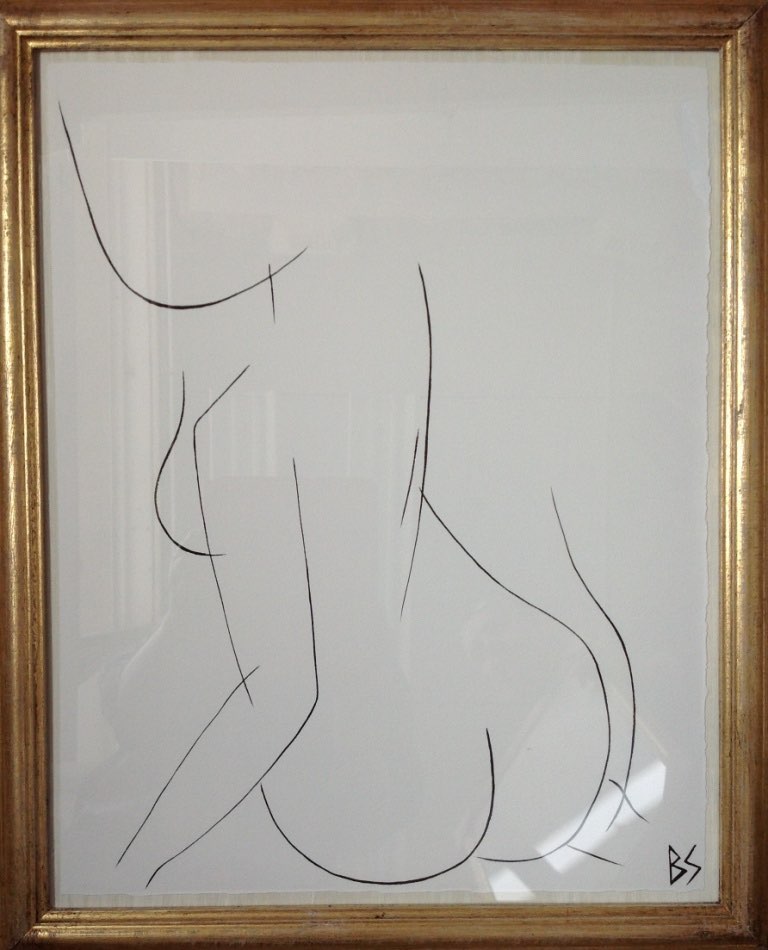 'Nude Pose' No.15 Gouache Linear on Handmade Paper in Gold Gilt Frame