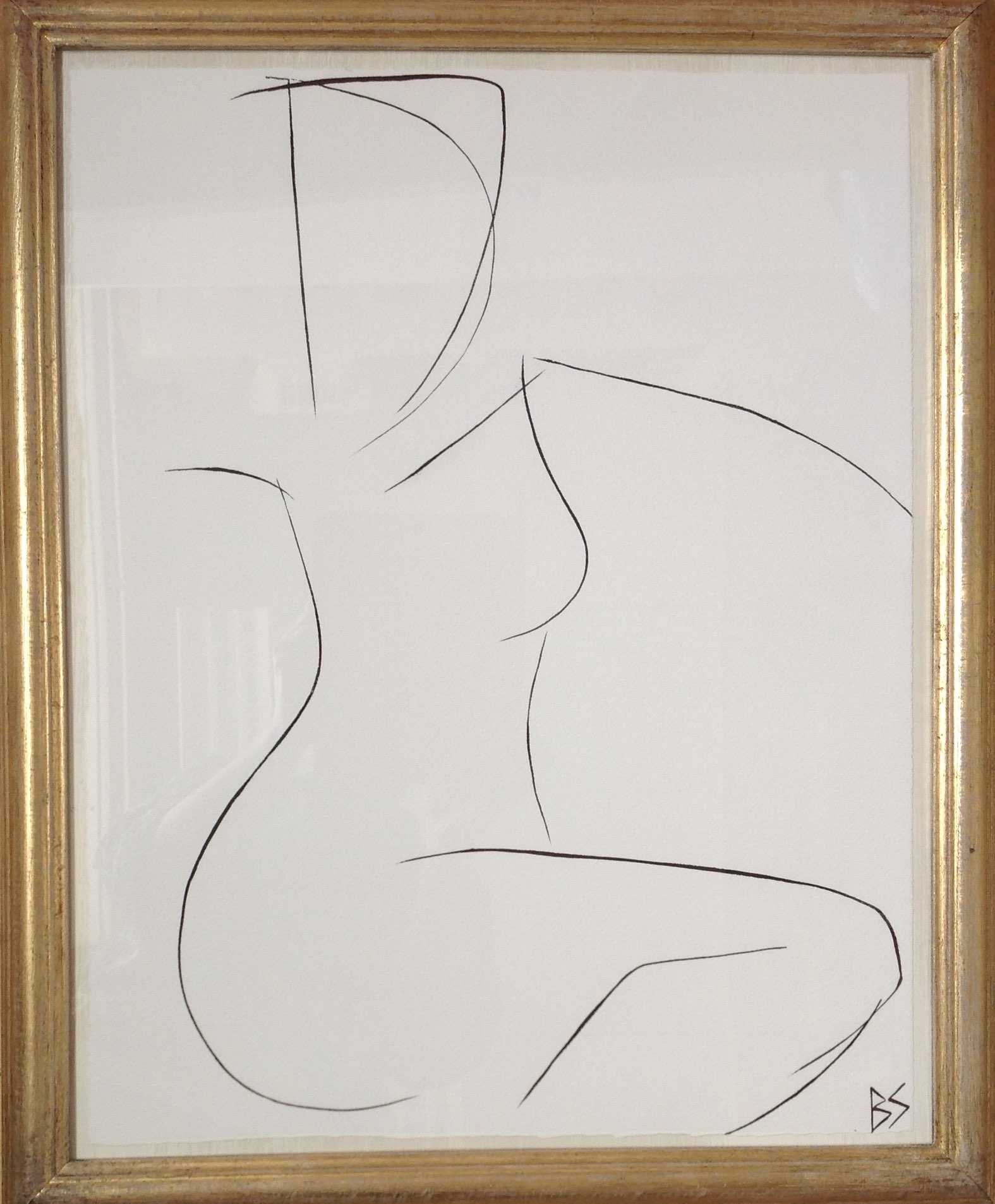 'Nude Pose' No.17 Gouache Linear on Handmade Paper in Gold Gilt Frame