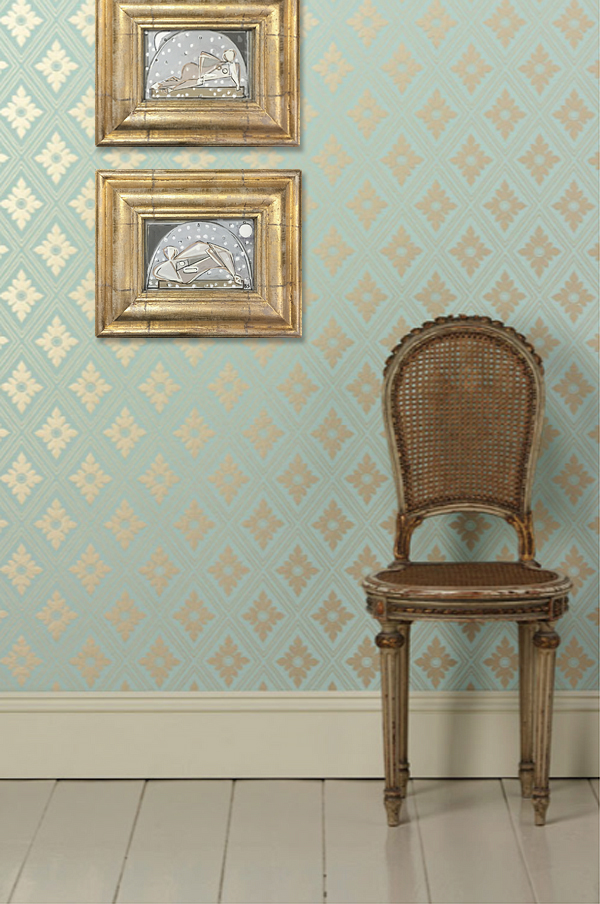 PAIR 'Reclining Nude in Snowglobe' Left & Right Study Gouache & Acrylic on Board in Gilt Frame