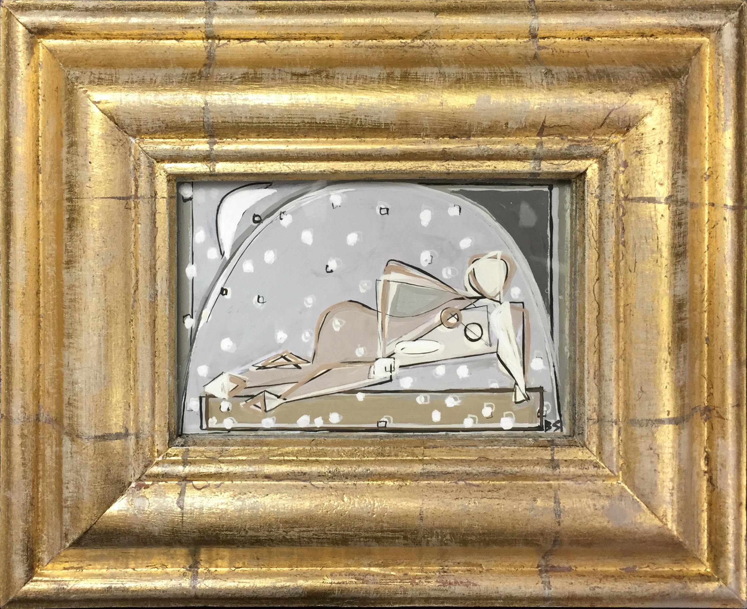 PAIR 'Reclining Nude in Snowglobe' Left & Right Study Gouache & Acrylic on Board in Gilt Frame