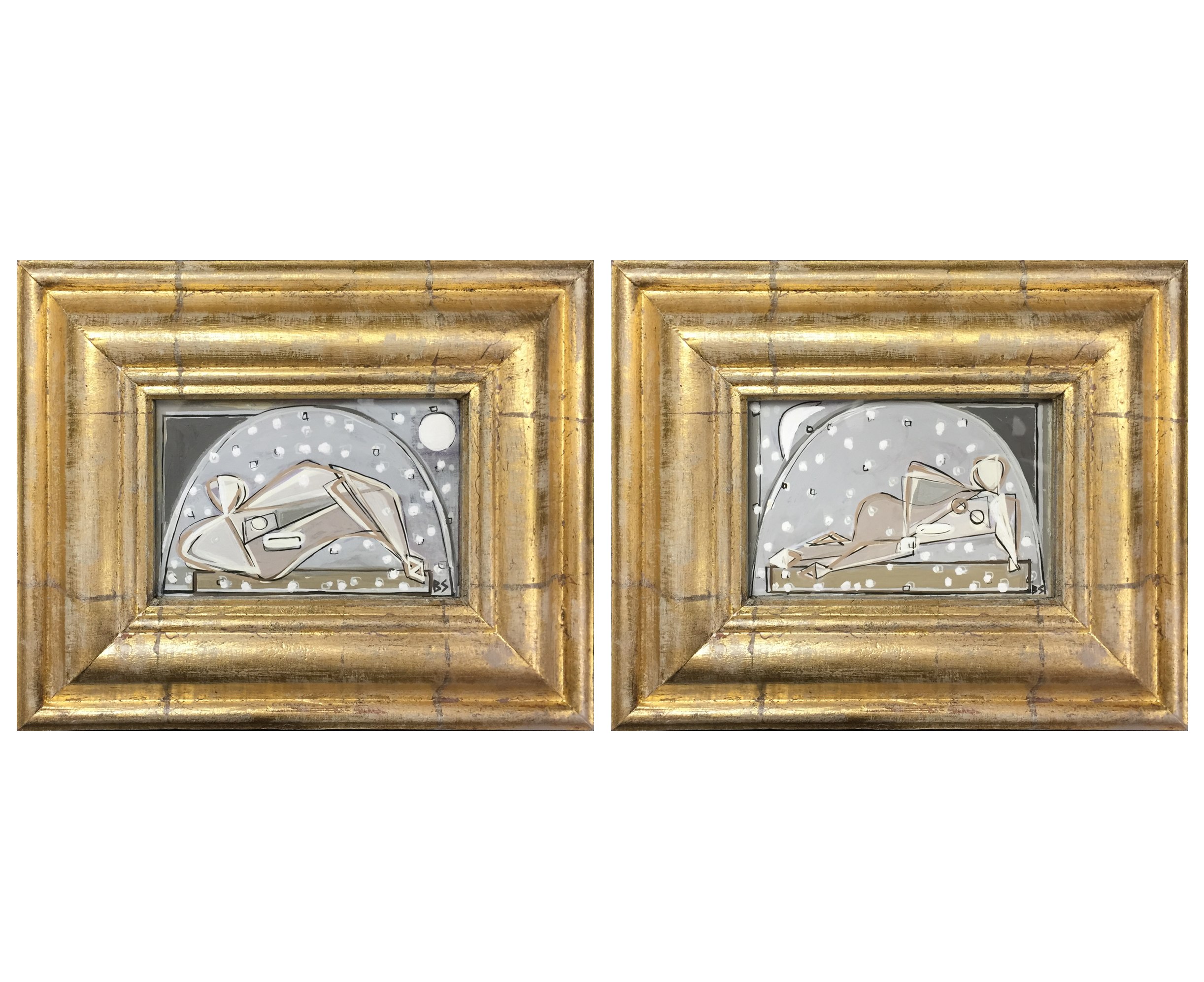 PAIR 'Reclining Nude in Snowglobe' Left & Right Study Gouache & Acrylic on Board in Gilt Frame