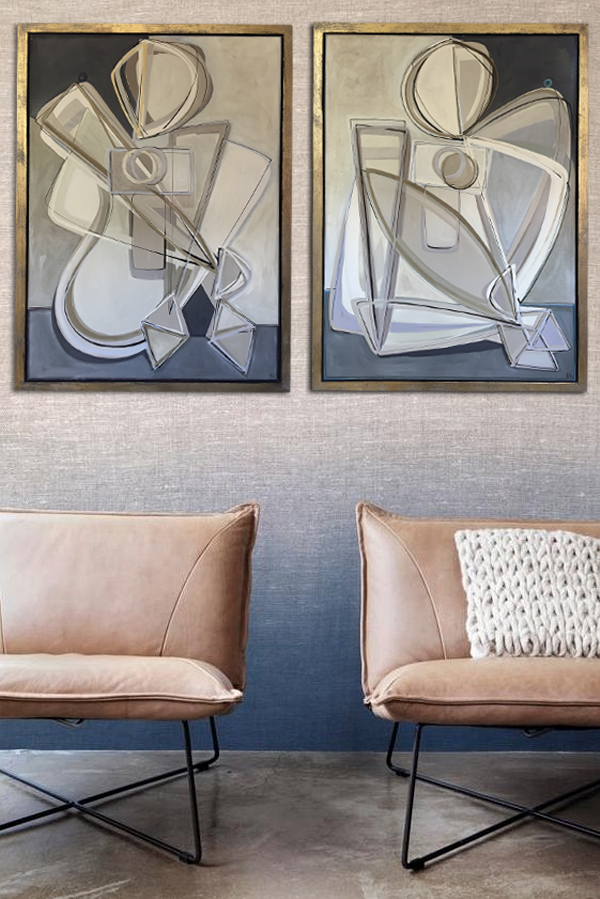 PAIR 'Allegra with Berry O' Left & Right Study Oil & Acrylic on Board in Gold Leaf with Bronze Finish Shadow-Gap Tray Frames