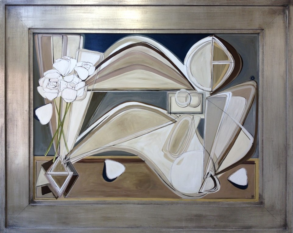 'Reclining Belle with Peonies' Oil & Acrylic on Board in Silver Gilt Antique Wooden Frame