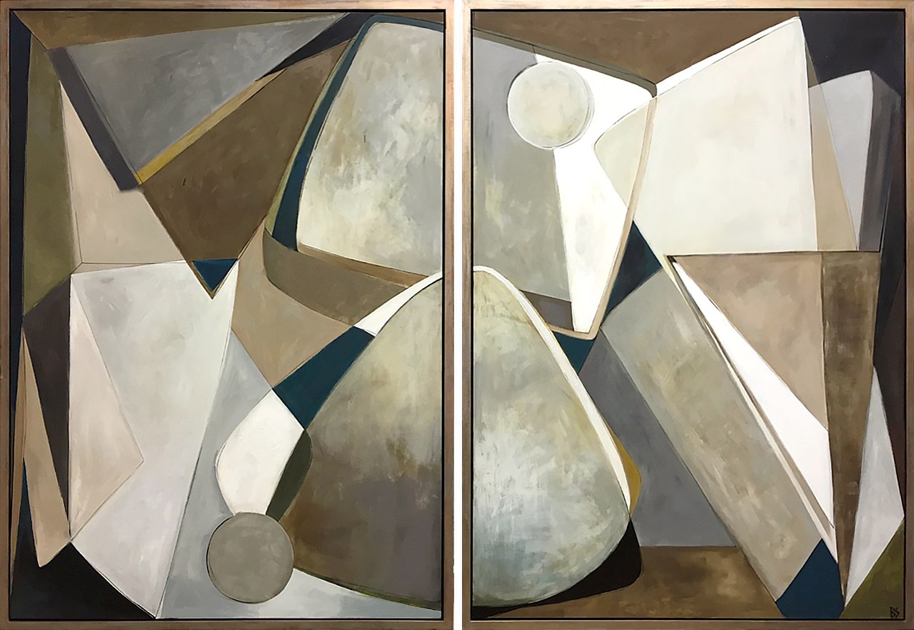PAIR 'Rosetta' Left & Right Study, Gouache & Acrylic on Board in Bronze/Silver Finish Tray Frames