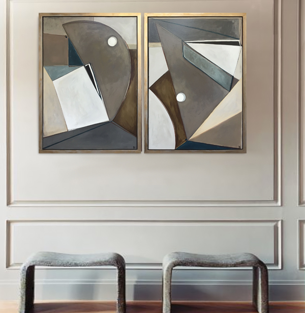 PAIR 'Eclipse' Oil & Acrylic on Board in Bronze/Silver Finish Tray Frames