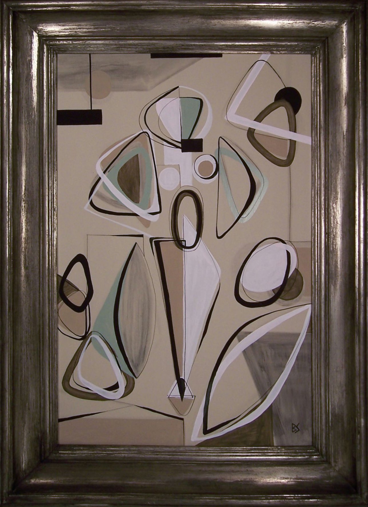 Figurative Abstract in Green and Brown in Silver Modern Frame