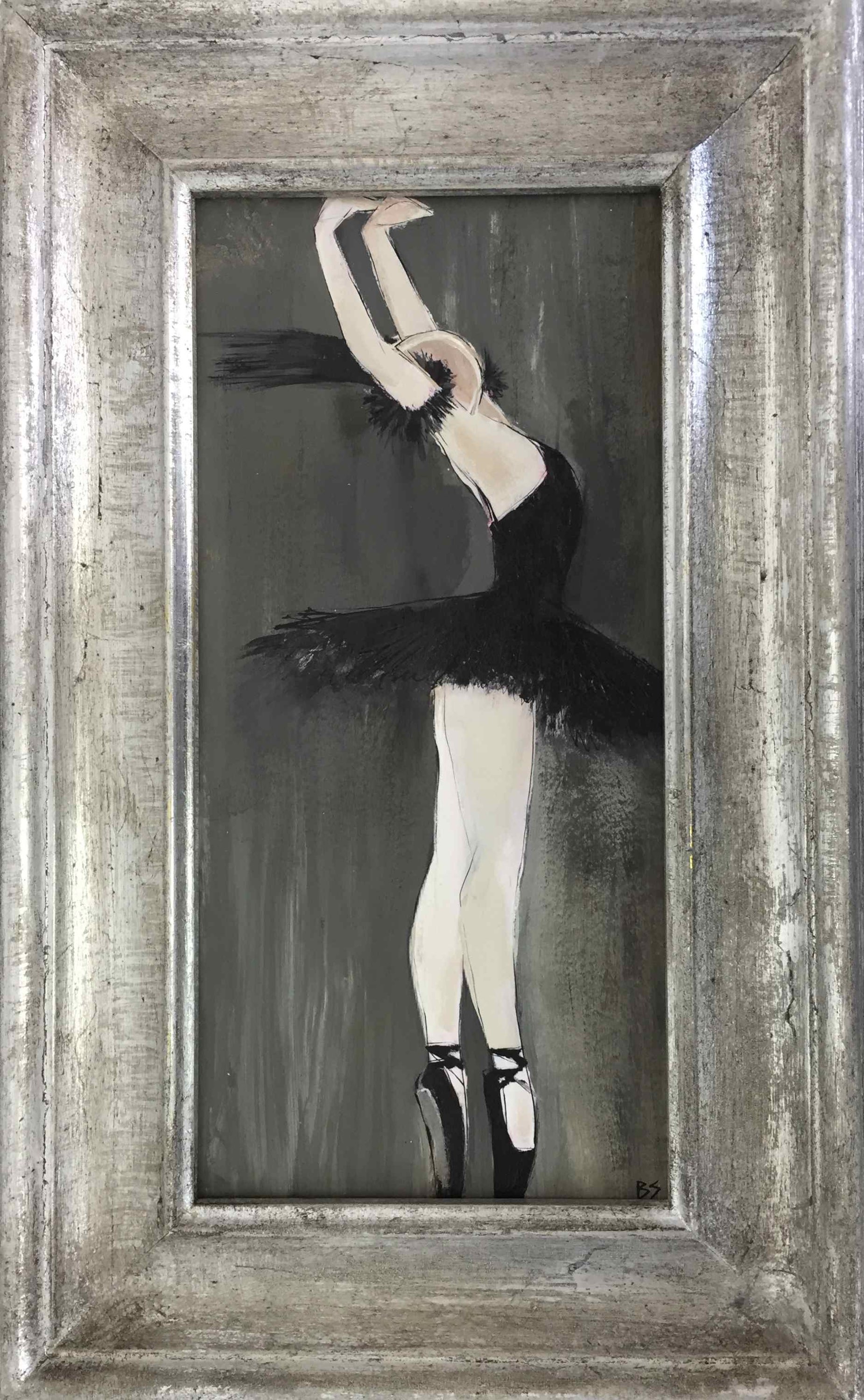 'Black Swan' Oil, Gouache & Acrylic on Board in Classic Style Silver Gilt Frame