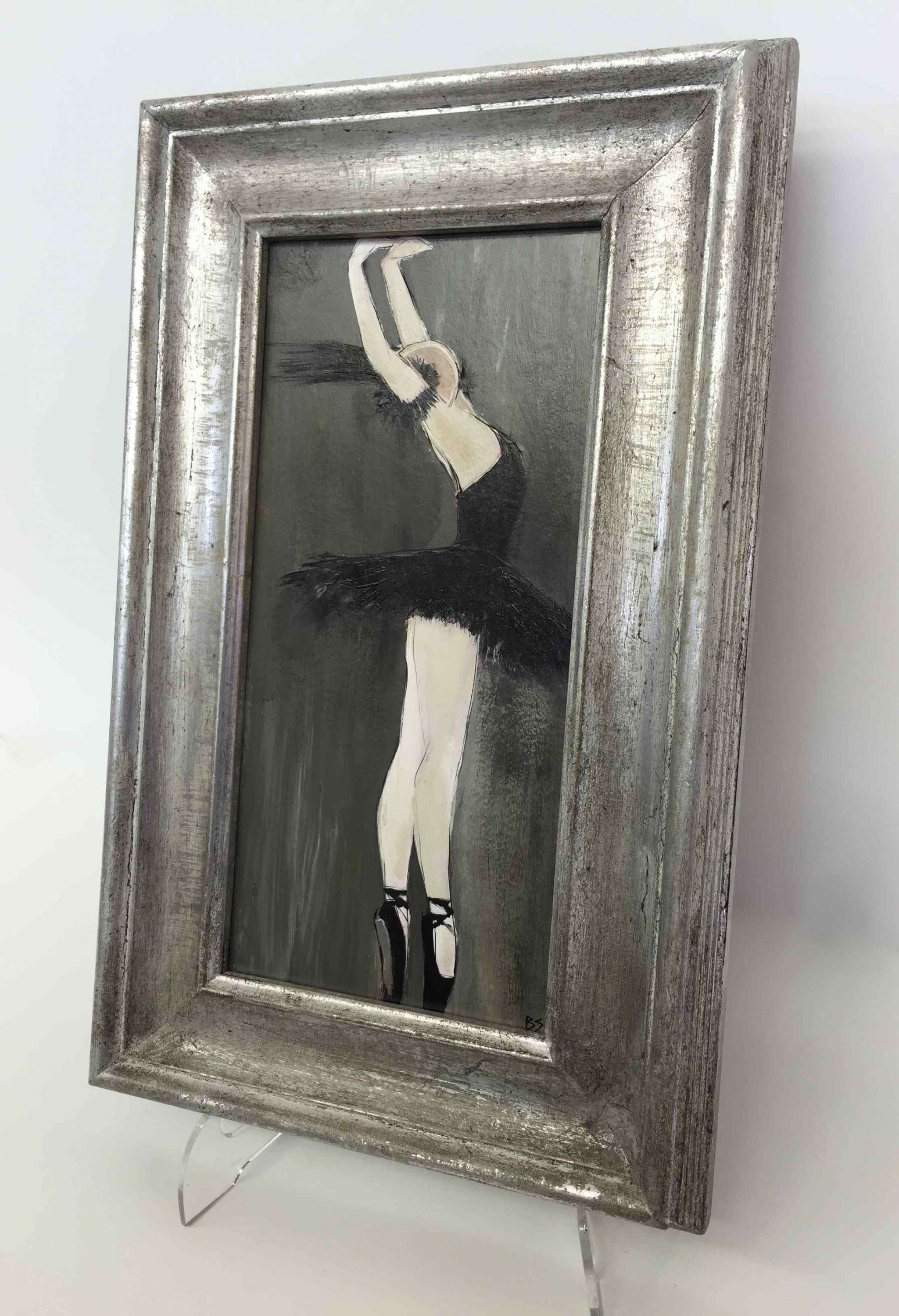 'Black Swan' Oil, Gouache & Acrylic on Board in Classic Style Silver Gilt Frame