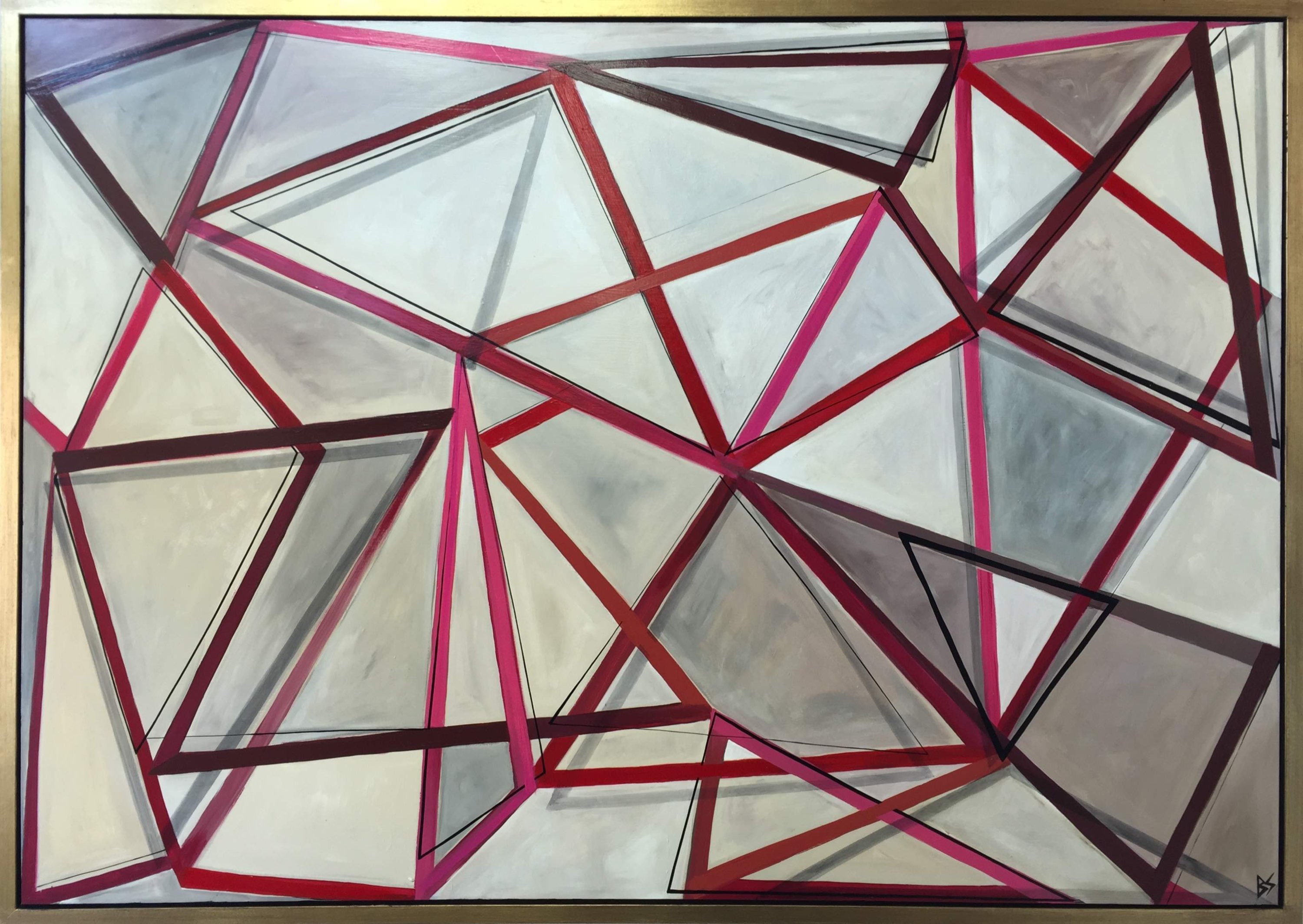 'Pink Principle' Oil & Acrylic on Board in Gold/Bronze Finish Shadow Gap Tray Frame