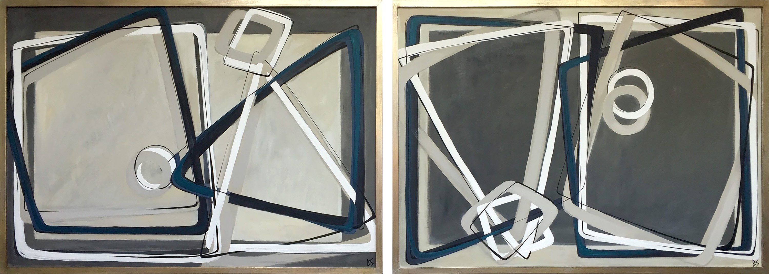 PAIR 'Eternity' L & R Study Oil & Acrylic on Board in Gold/Bronze Finish Tray Frame