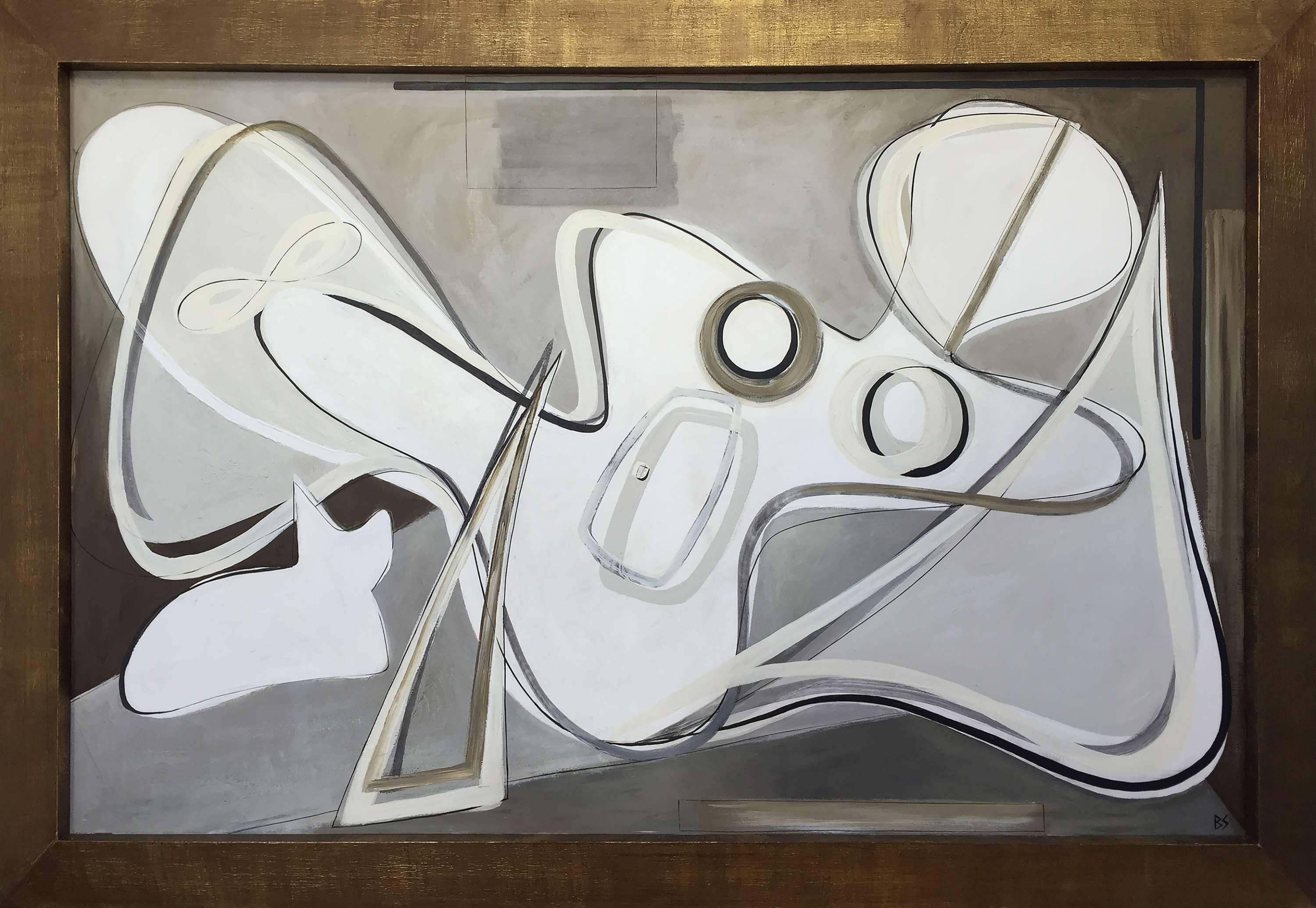 ‘Olympia and Cat’ Oil & Acrylic on Board in 1970s Gold/Bronze Finish Tray Frame with Sloping Edges