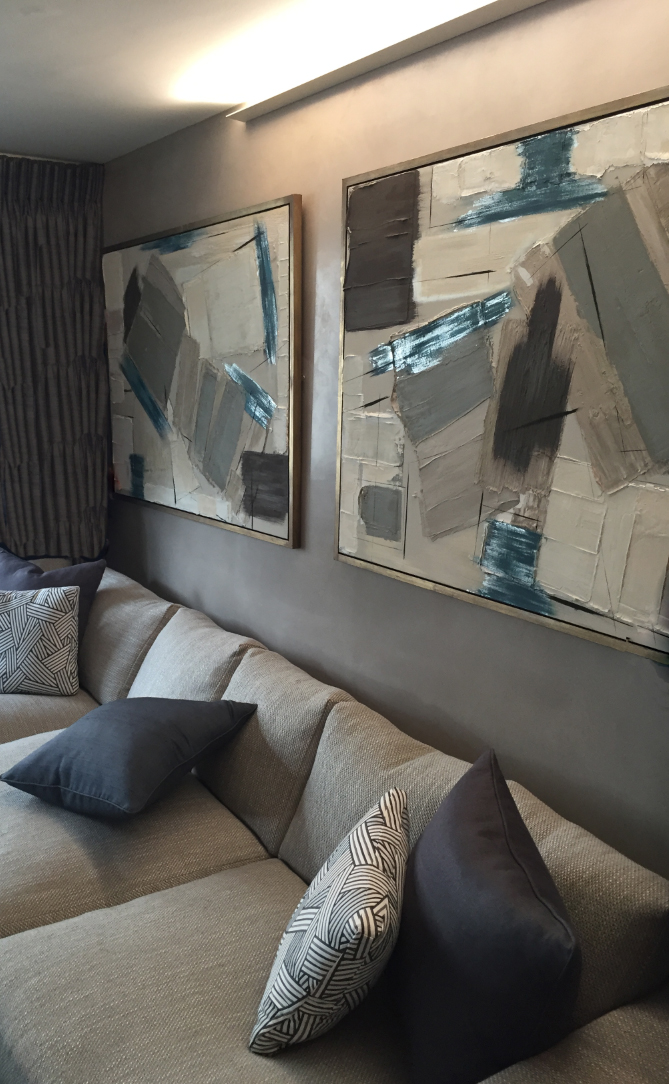 PAIR ‘Midnight Lining’ Oil & Acrylic on Board in Gold/Bronze Finish Shadow Gap Tray Frames