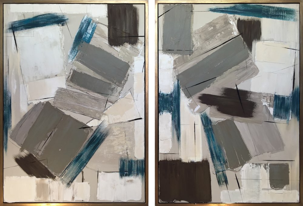 PAIR ‘Midnight Lining’ Oil & Acrylic on Board in Gold/Bronze Finish Shadow Gap Tray Frames