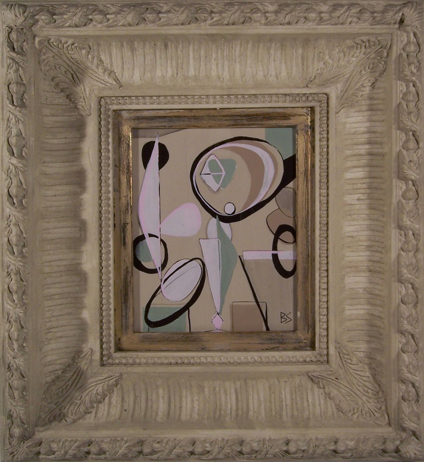 Pink & Green Abstract Figure in Small Box Frame ( Modern)