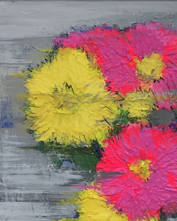 ‘Lala’s Flowers’ Oil & Acrylic on Board in Gold Gilt Antique Frame