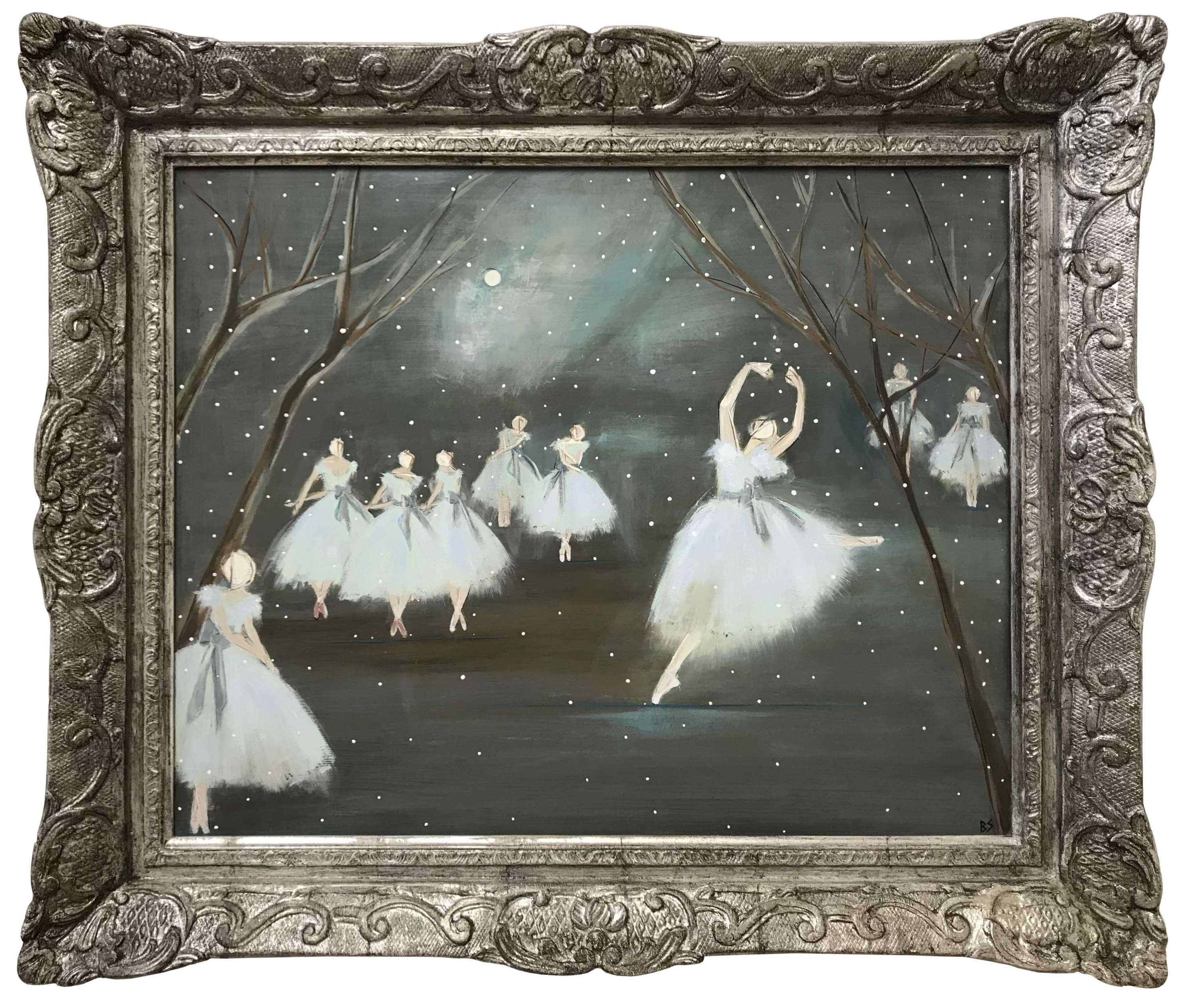 'Moonlight Sonata Ballet' Gouache & Acrylic on Board in Ornate silver Gilt Frame