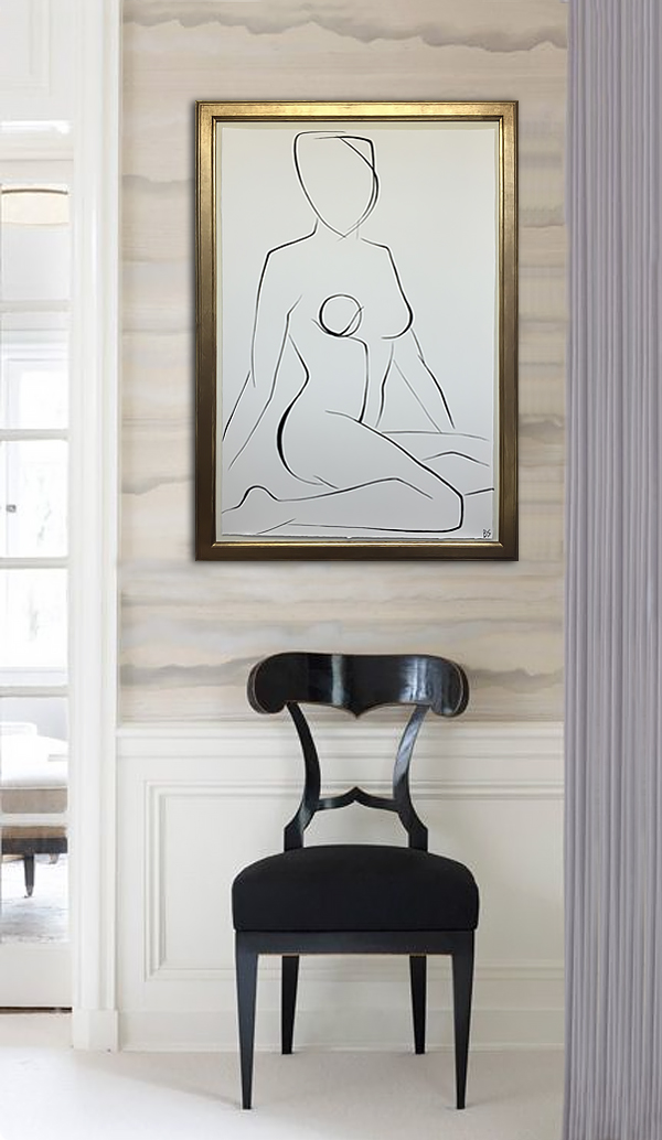 Large Linear Nude Pose No.35 Gouache on Handmade Paper in Gold Gilt Frame