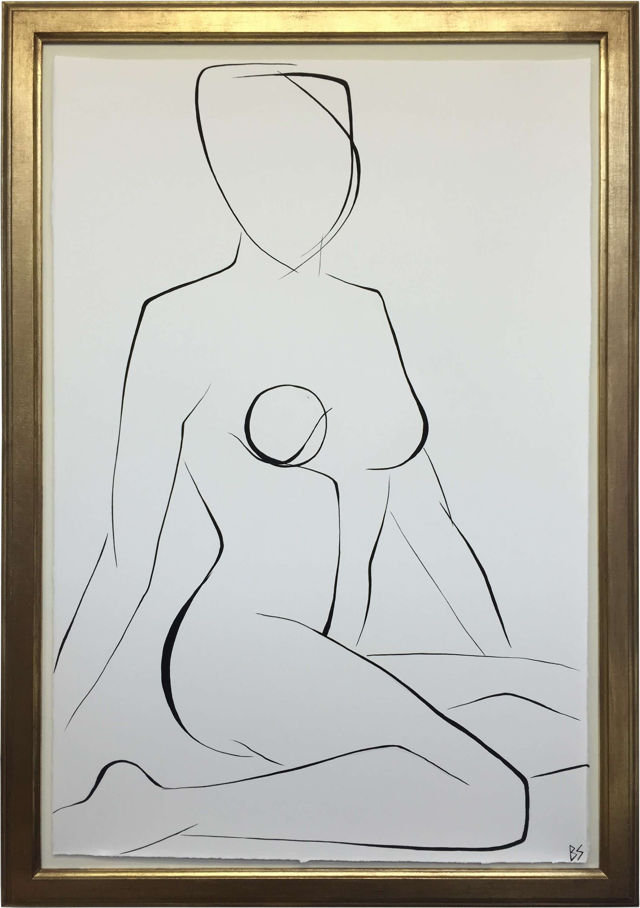 Large Linear Nude Pose No.35 Gouache on Handmade Paper in Gold Gilt Frame