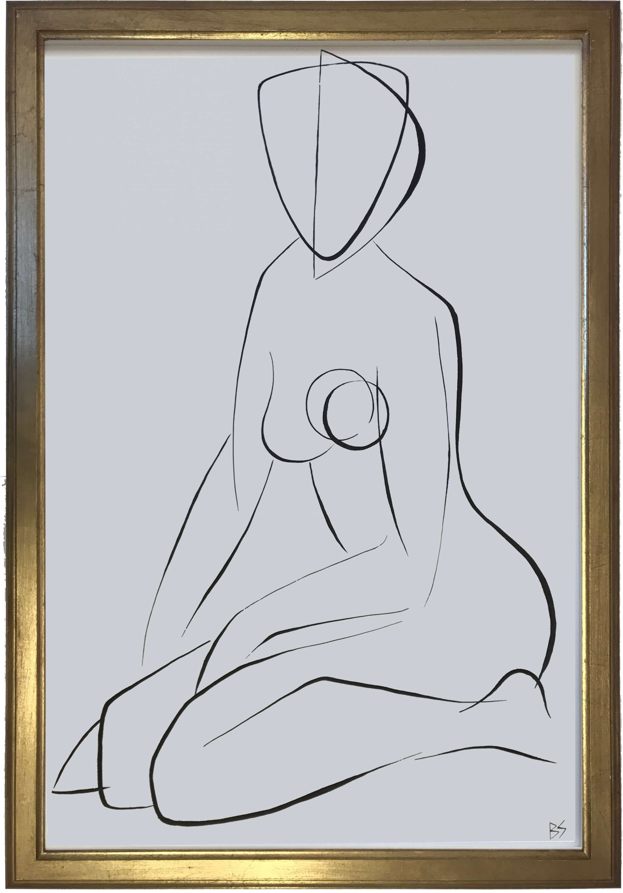 Large Linear Nude Pose No.38 Gouache on Handmade Paper in Gold Gilt Frame