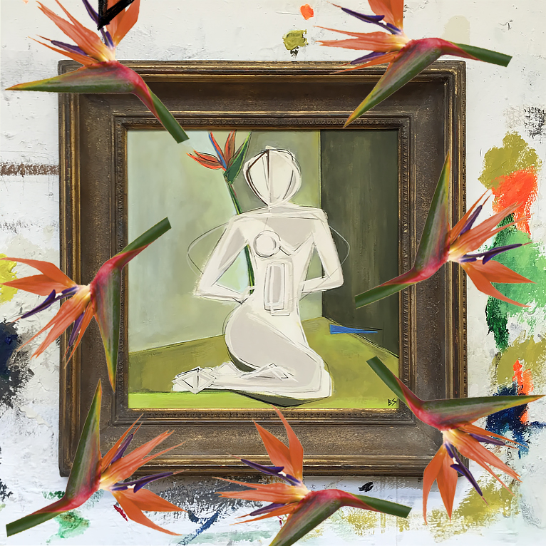 ‘Bird of Paradise’ Gouache & Acrylic on Board in Antique Gold Gilt Frame 47cm x 47cm