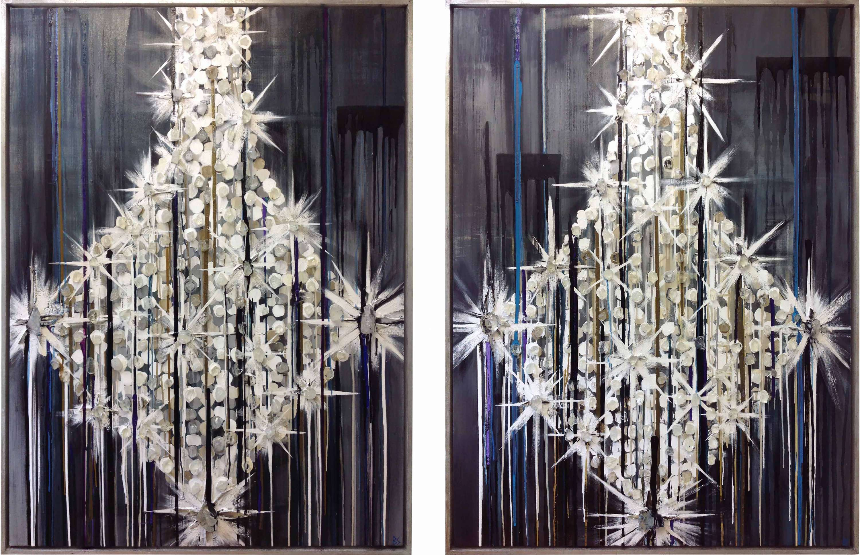 PAIR 'Chandeliers' Oil, Acrylic, Silver Leaf, Mirror & Rock Crystal on Board in Silver Leaf Frame