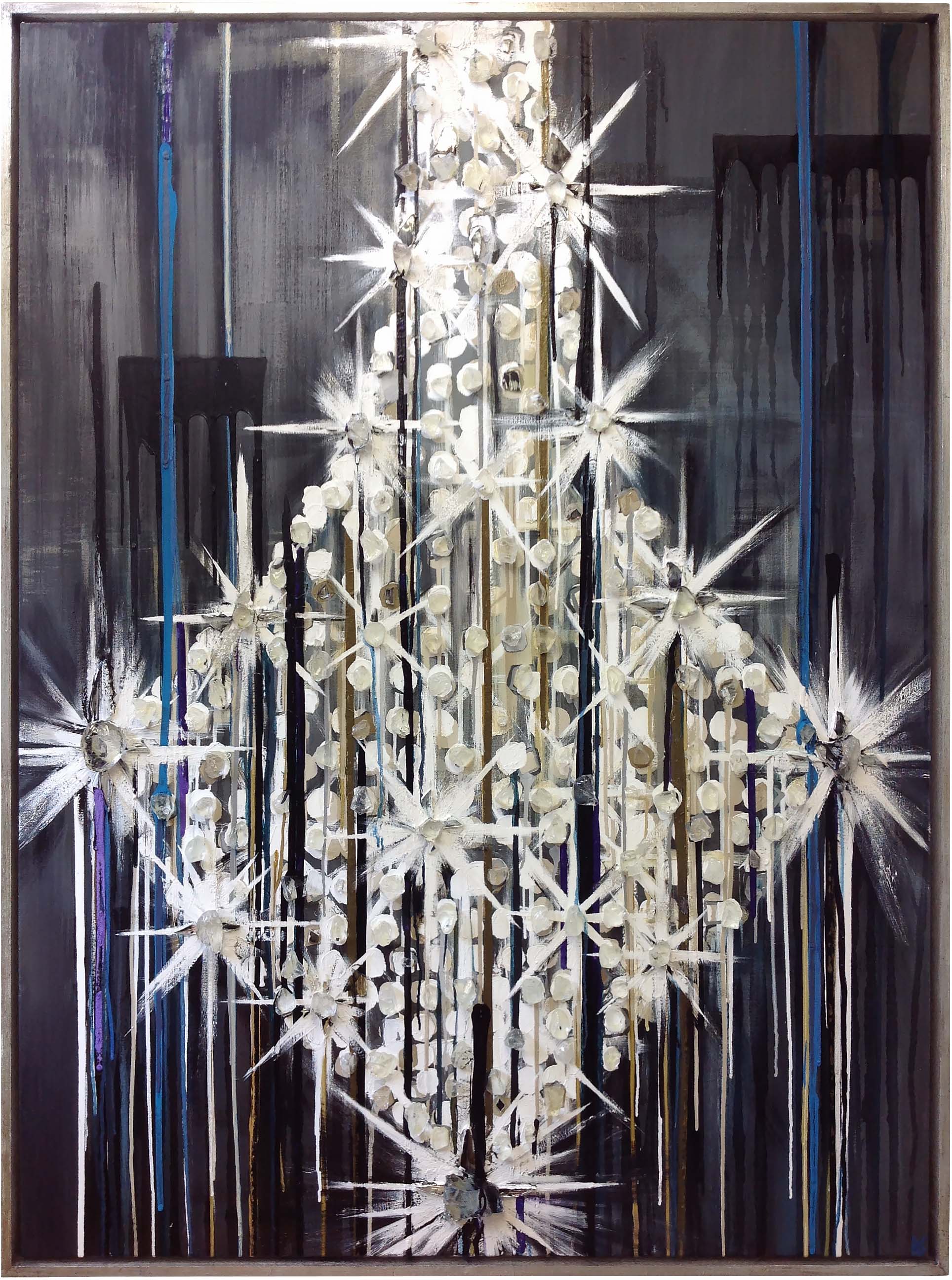 PAIR 'Chandeliers' Oil, Acrylic, Silver Leaf, Mirror & Rock Crystal on Board in Silver Leaf Frame