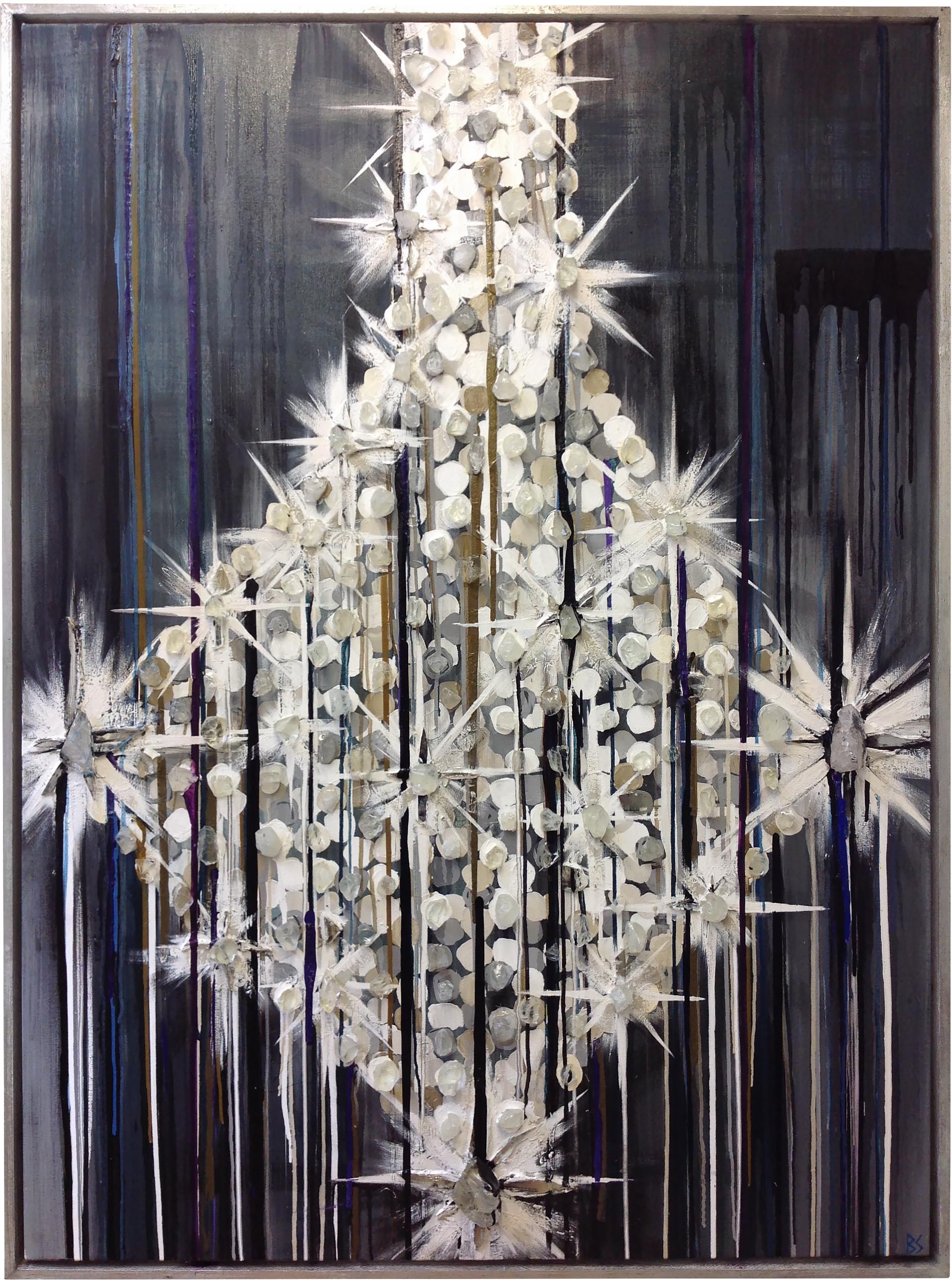PAIR 'Chandeliers' Oil, Acrylic, Silver Leaf, Mirror & Rock Crystal on Board in Silver Leaf Frame