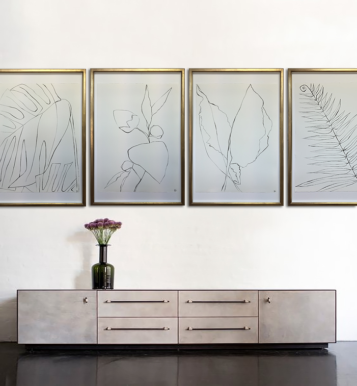 Large Linear Boston Fern Gouache on Handmade Paper in Gold Gilt Frame