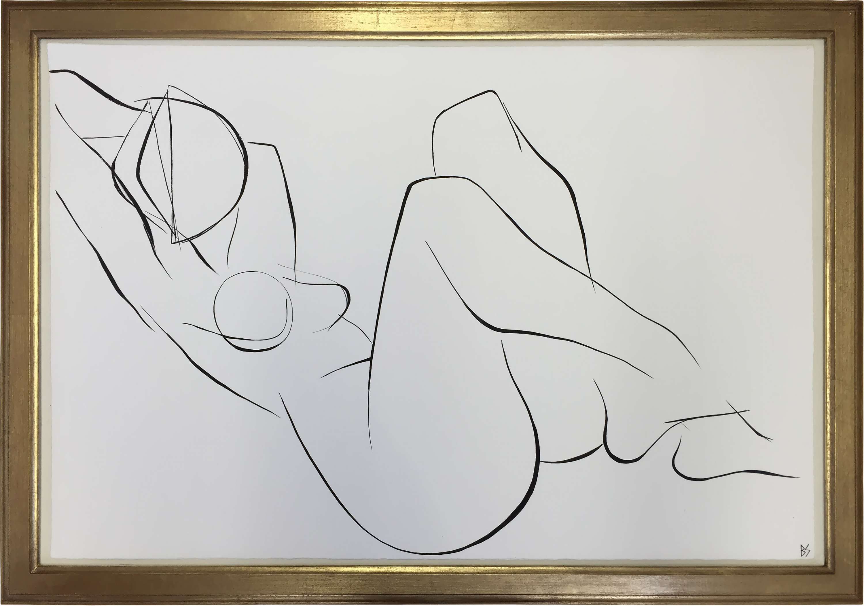 Large Linear Nude Pose No.40 Gouache on Handmade Paper in Gold Gilt Frame