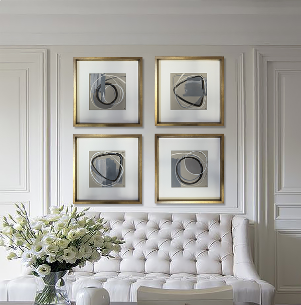 SET OF FOUR ‘Motion in Four’ Gouache on Board in Presentation Box Frames in Gold/Brushed Silver Finish