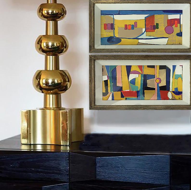 PAIR ‘The Beach’ & ‘Beach Towels’ Gouache on Board in1960s Gesso & Gilt Finish Presentation Box Frames