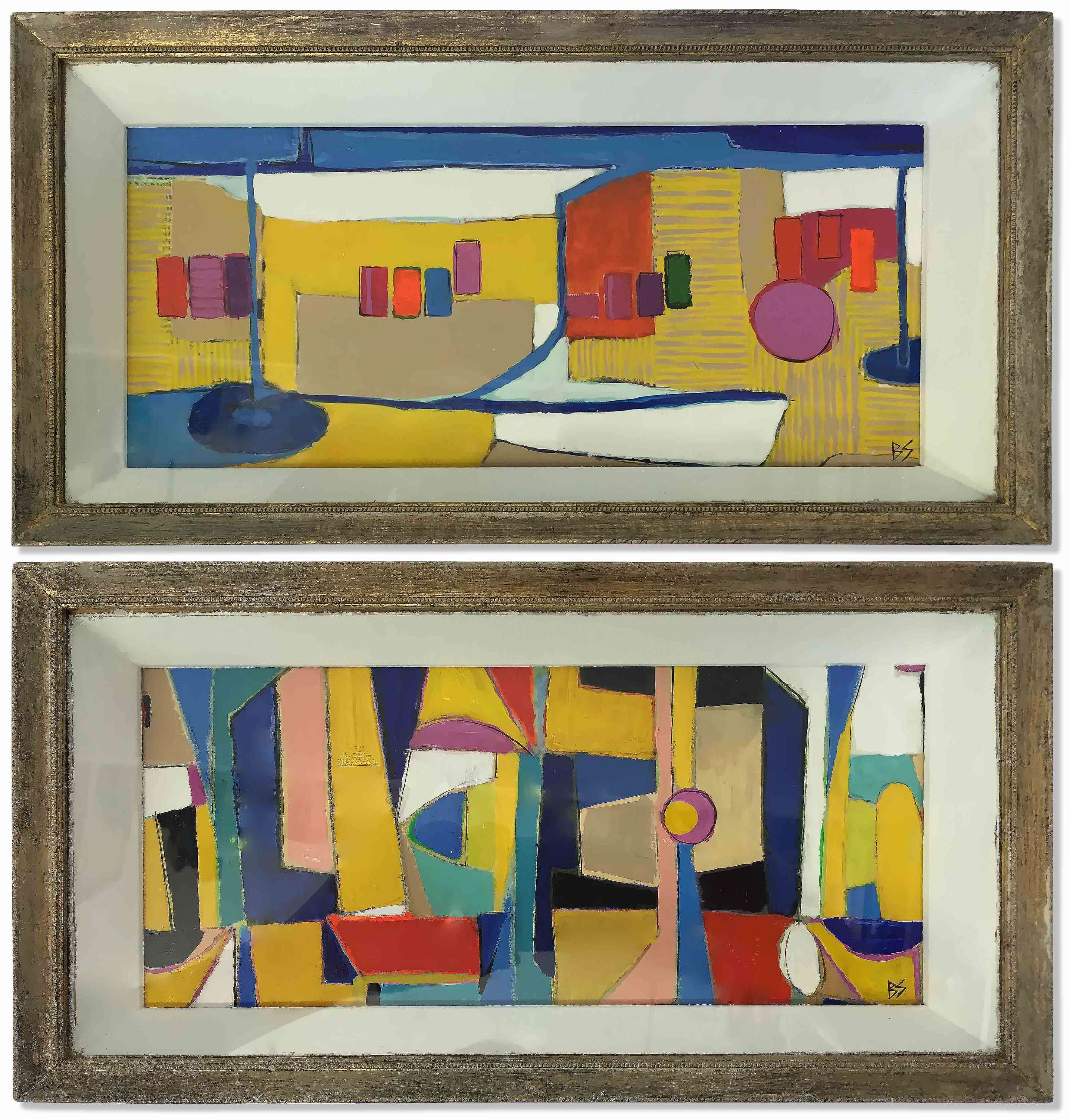 PAIR ‘The Beach’ & ‘Beach Towels’ Gouache on Board in1960s Gesso & Gilt Finish Presentation Box Frames