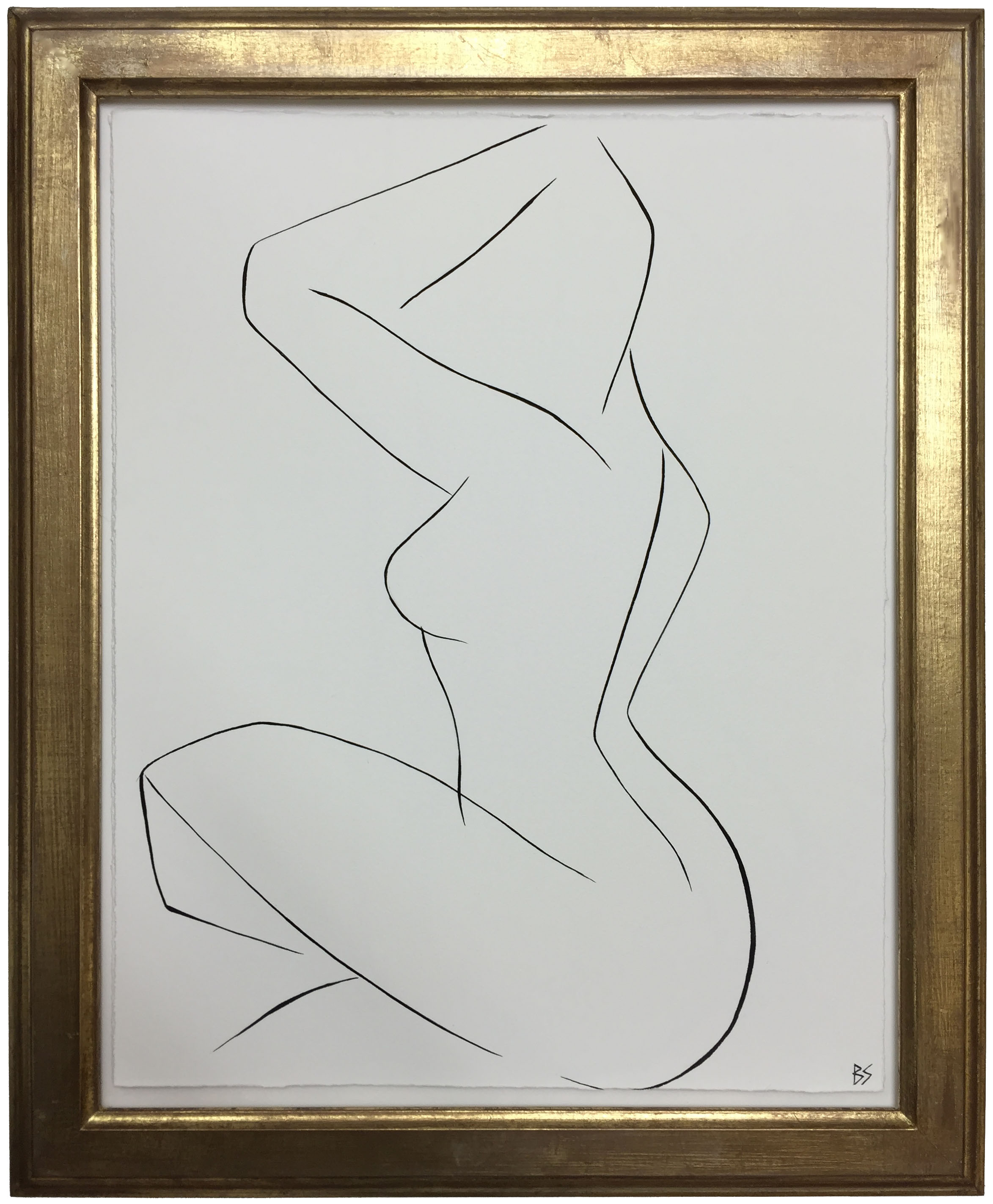 'Nude Pose' no.42 Gouache Linear on Handmade Paper in Gold Gilt Frame