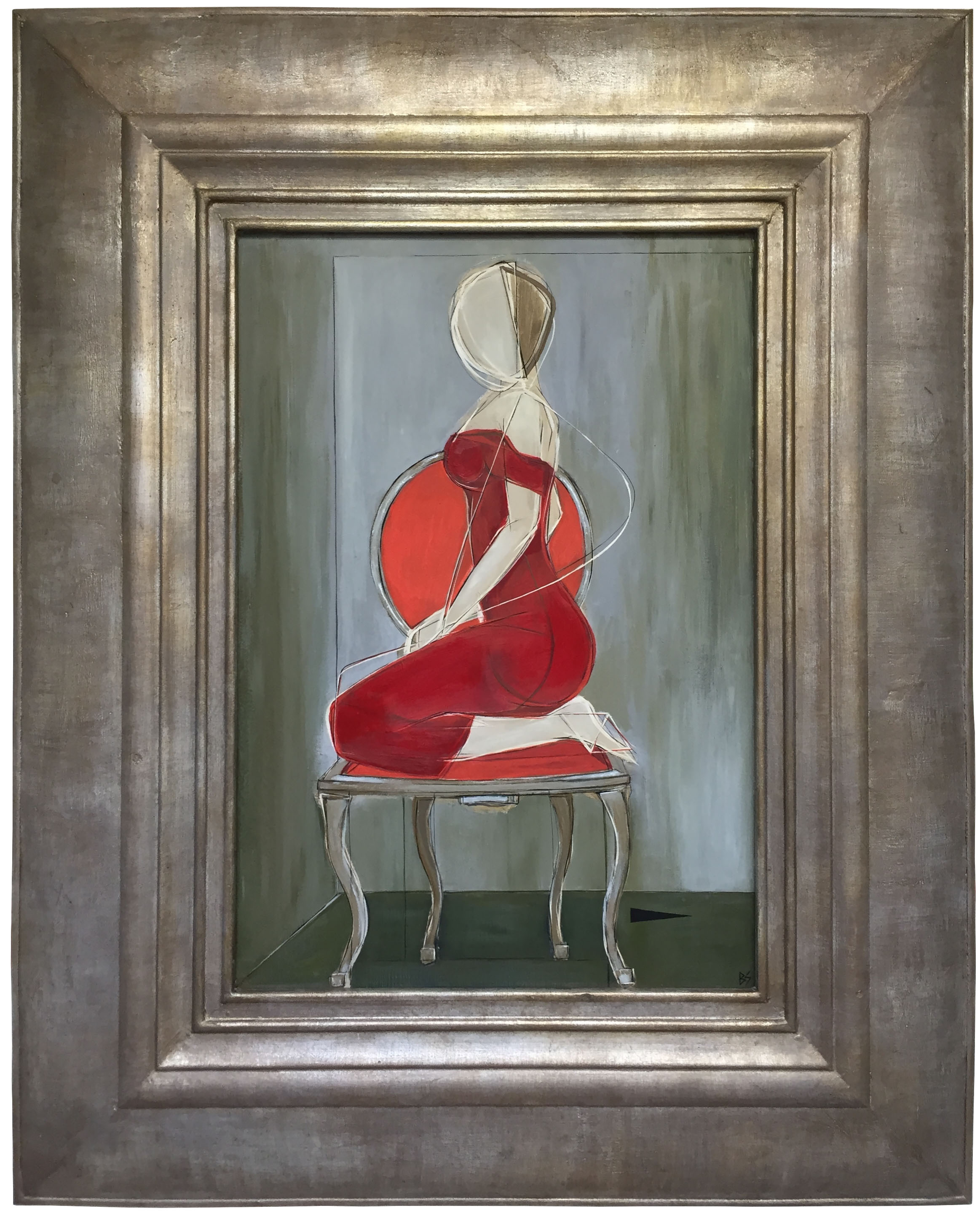 ‘Party Dress' Oil & Acrylic on Board in Cream and Silver Gilt Finish Cushion Frame