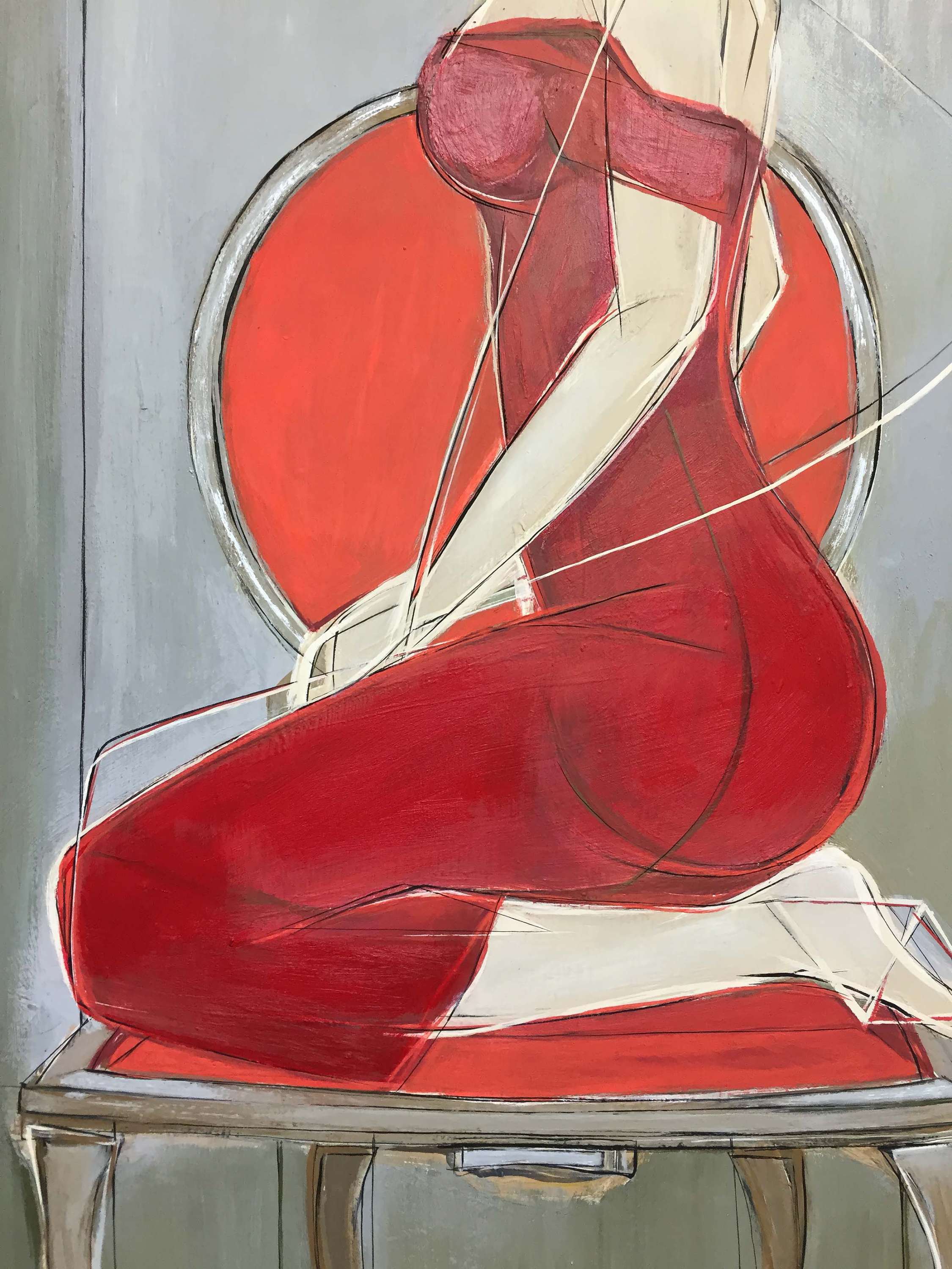 ‘Party Dress' Oil & Acrylic on Board in Cream and Silver Gilt Finish Cushion Frame