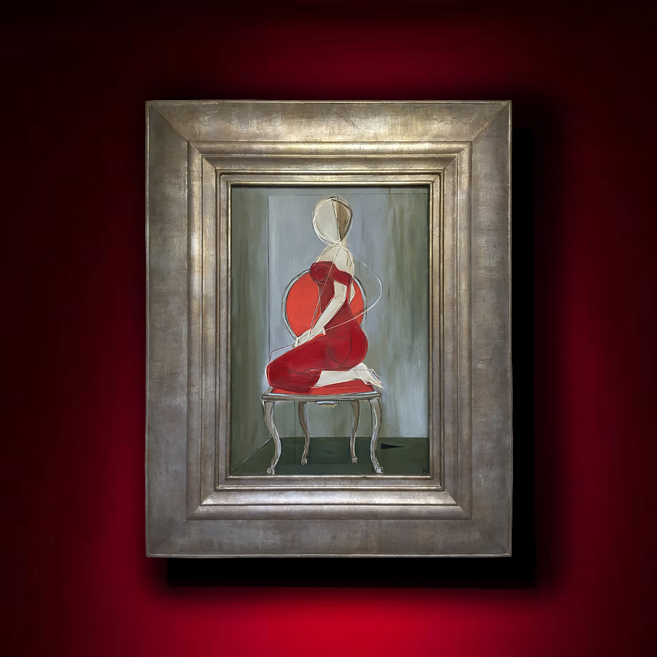 ‘Party Dress' Oil & Acrylic on Board in Cream and Silver Gilt Finish Cushion Frame