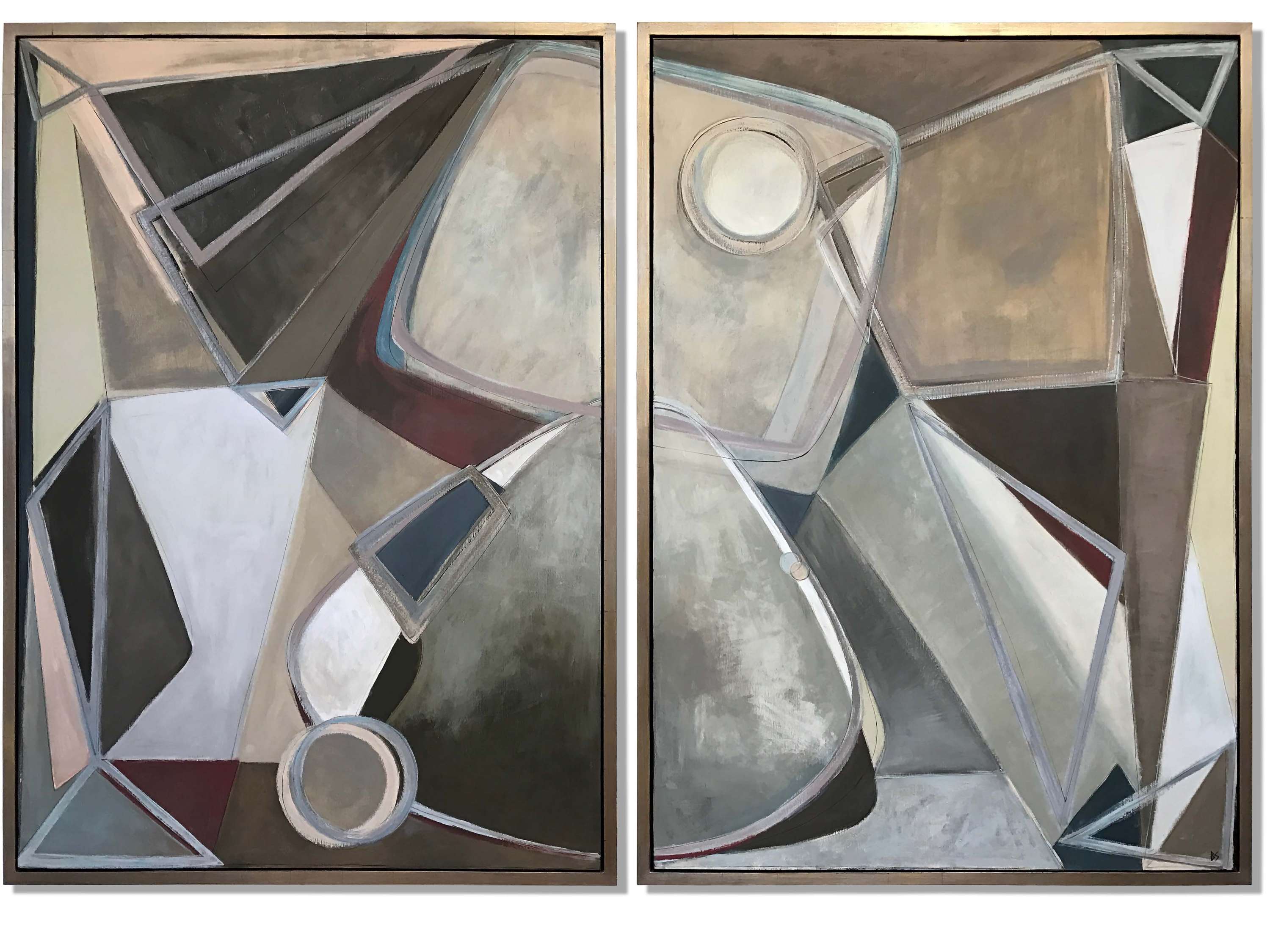 ‘Cashmere Diptych’ Gouache & Acrylic on Board in Gold Leaf and Bronze Finish Shadow Gap Tray Frame
