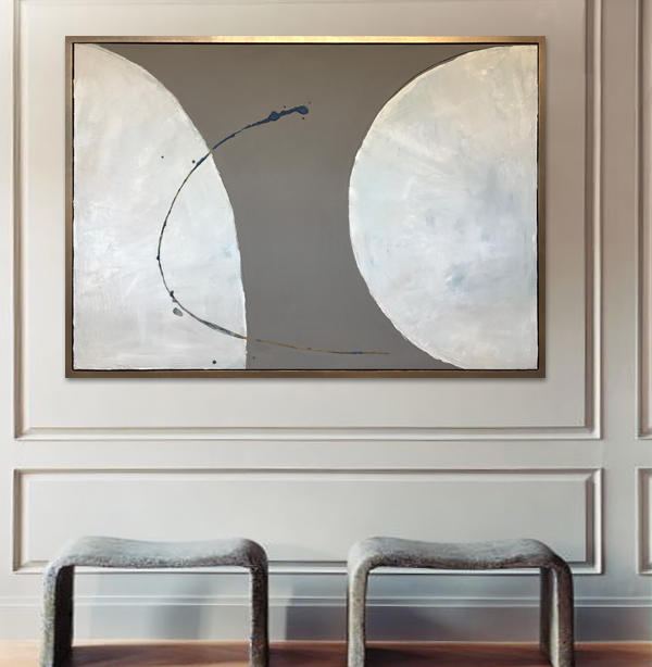 '2 Moons‘ Oil Acrylic & Gesso on Board in Bronze/Gold Finish Shadow Gap Tray Frame