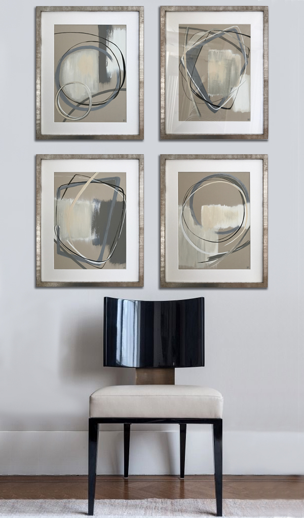 SET OF 4 ‘Alto’ Gouache & Acrylic on Board behind Glass in Silver Leaf with Bronze Finish Frames