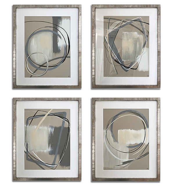 SET OF 4 ‘Alto’ Gouache & Acrylic on Board behind Glass in Silver Leaf with Bronze Finish Frames