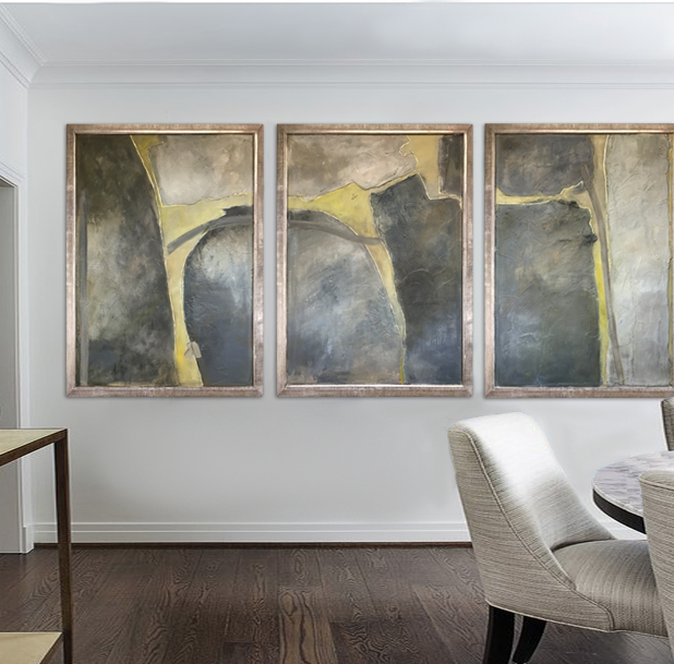 TRIPTYCH ‘River Stones Triptych’ Oil, Acrylic and Gesso on Board in Silver Gilt Frames