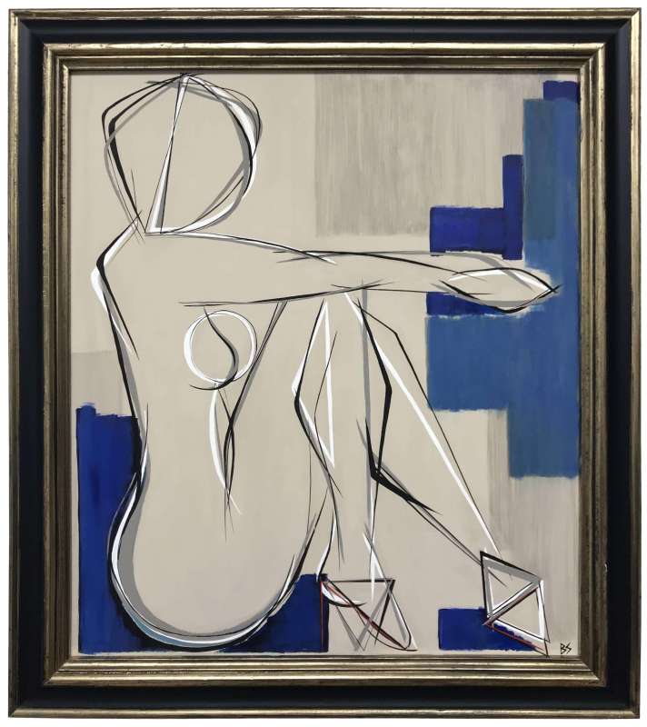 "Sitting in Heels" Gouache on Board in Warm Silver Leaf and Midnight Blue Chinese Lacquer Frame