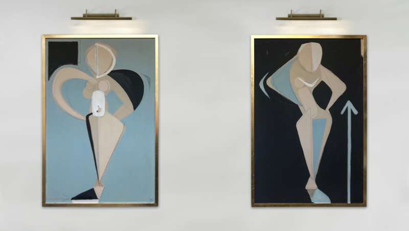 PAIR ‘Chet’s Girls’ Gouache on Board Left & Right Study Behind Glass in Gold and Bronze Finish Frames