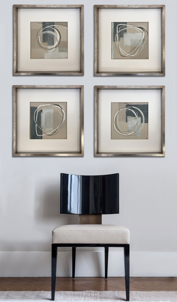 SET OF 4 ‘Alto’ Gouache & Acrylic on Board behind Glass in Silver Leaf with Bronze Finish Frames